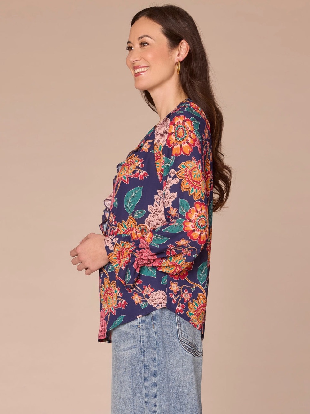 Democracy Floral Longsleeve Vneck Ruffle Peasant Blouse X-Large - Picture 4 of 12